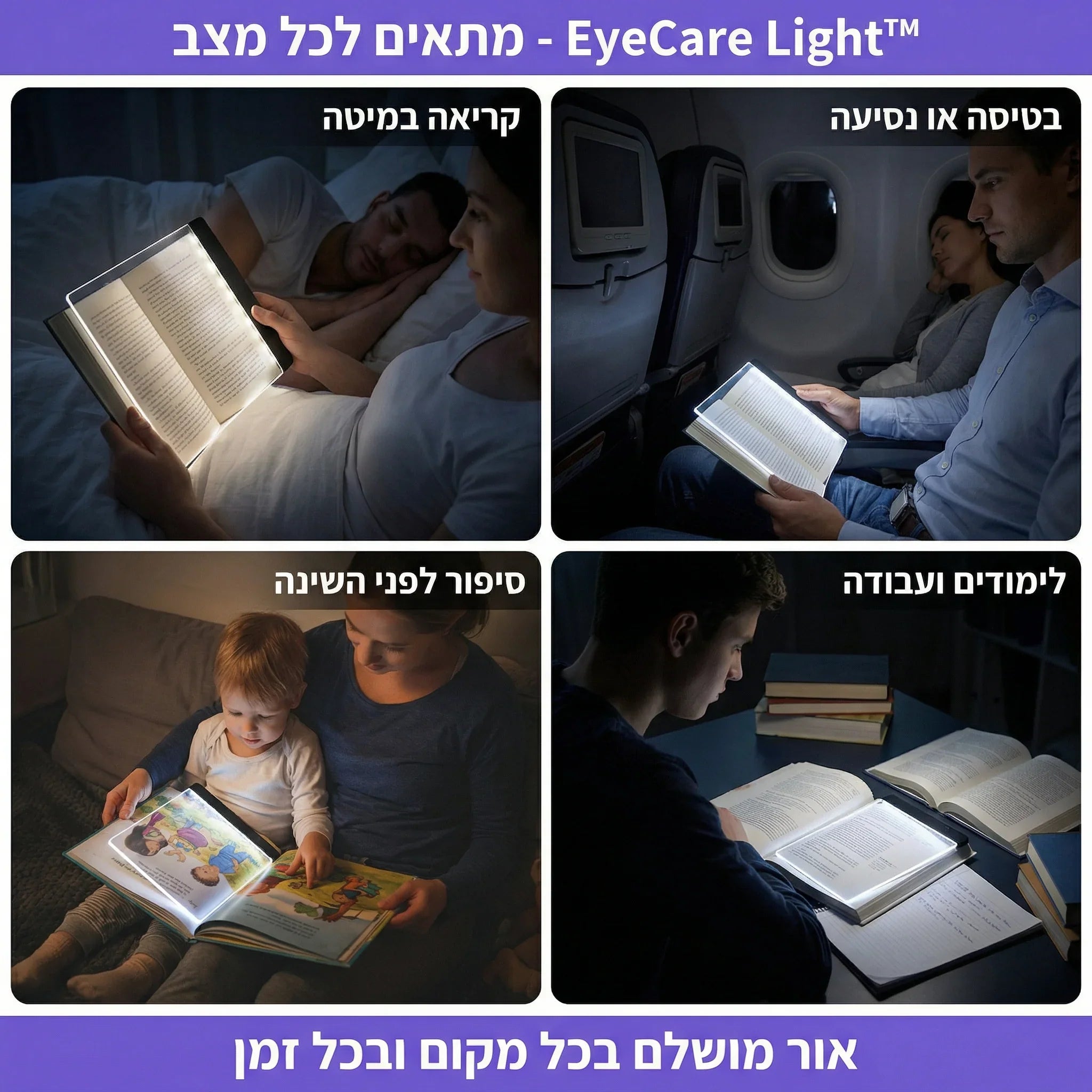 מנורת קריאה שטוחה EyeCare Light לשימוש במיטה, טיסה, עבודה ולפני השינה, תאורה חכמה ונוחה