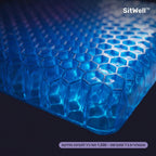 רפידה אורטופדית עם מבנה משושה, עשויה ג'ל כחול לישיבה נוחה ותמיכה לכאבי גב